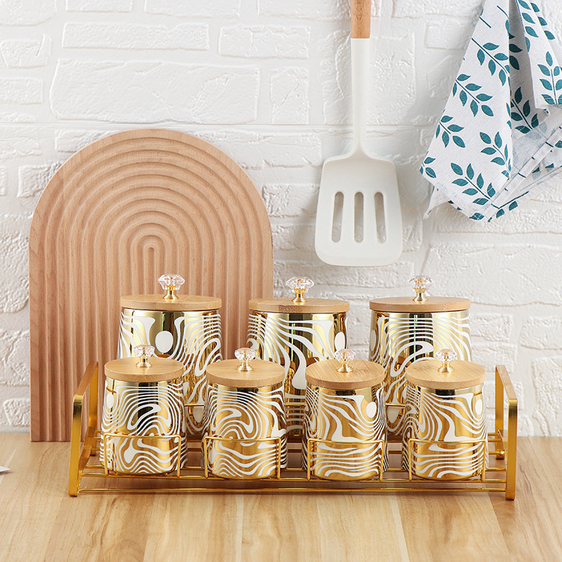 Coffee Tea Sugar Canisters - Set of 7 Color Glazed Ceramic